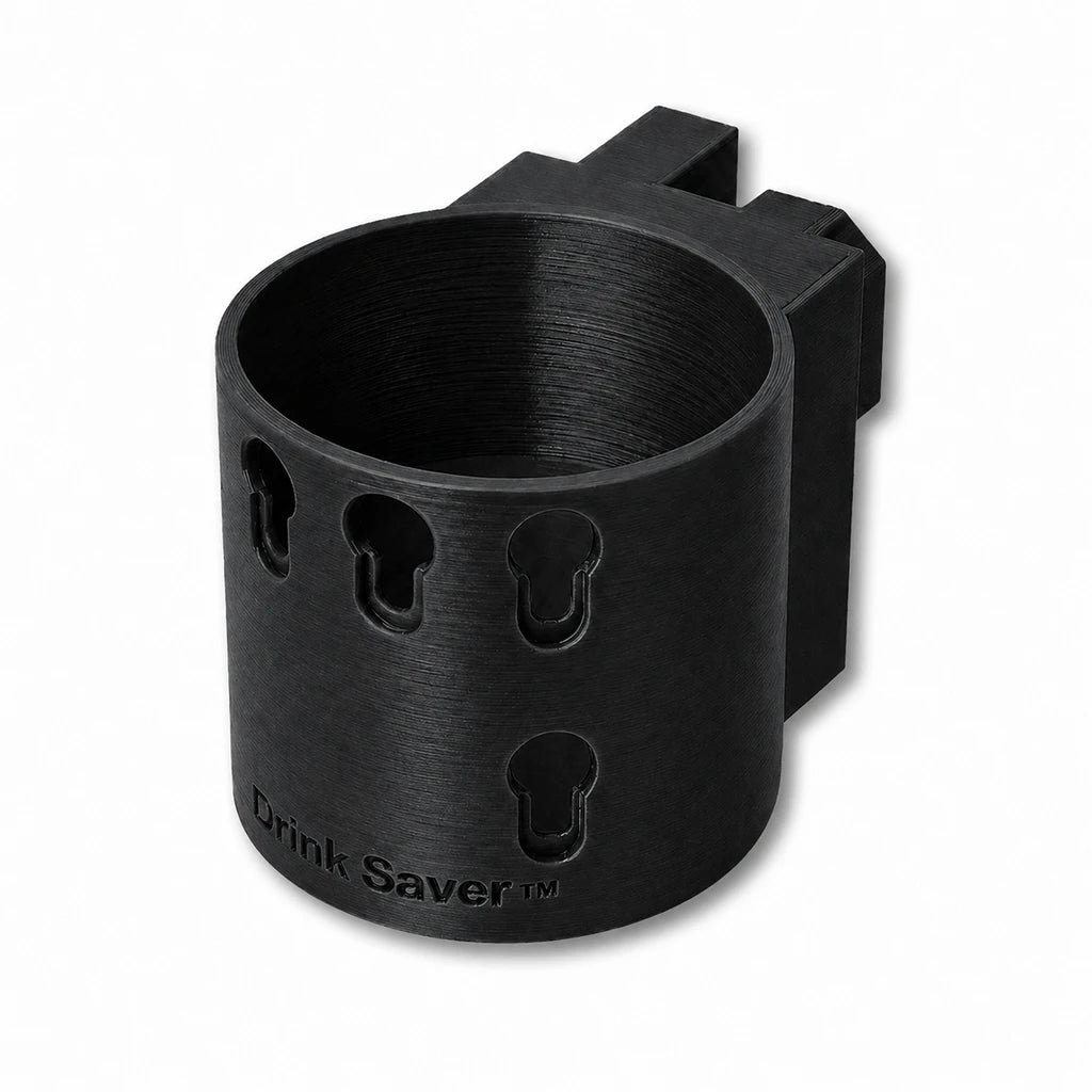 Drink Saver™ in black. Patented fence mounted cup holder.