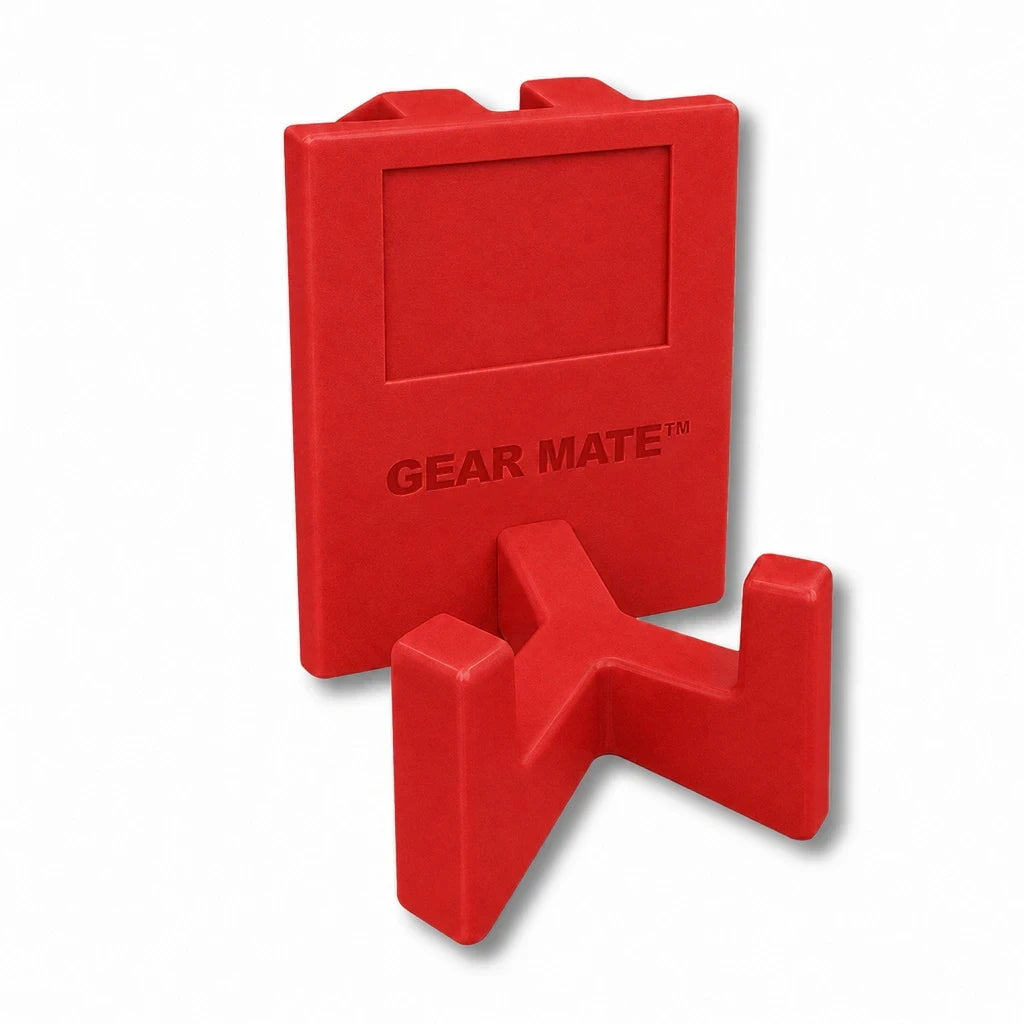 Gear Saver™ in red. Patented fence mounted equipment hanger.