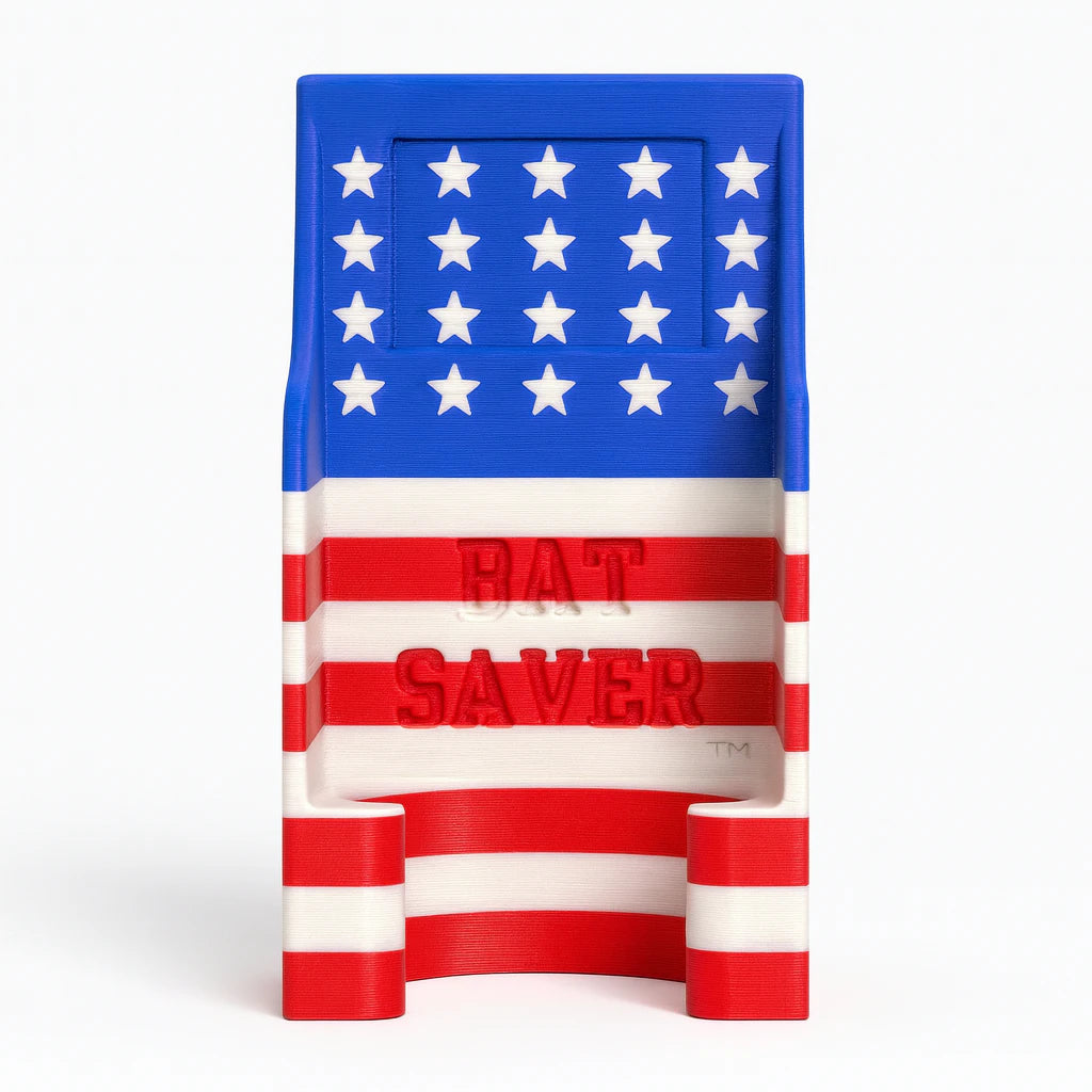 Bat Saver™ Patriotic Edition in red, white and blue flag pattern. Patented fence mounted bat holder.