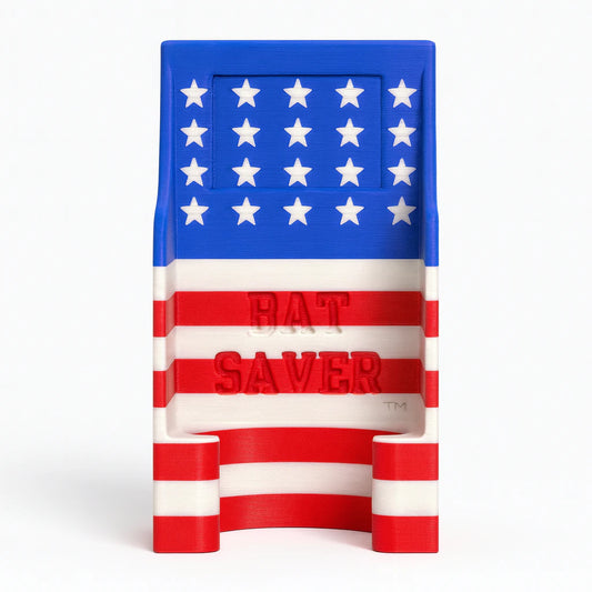 Bat Saver™ Patriotic Edition in red, white and blue flag pattern. Patented fence mounted bat holder.