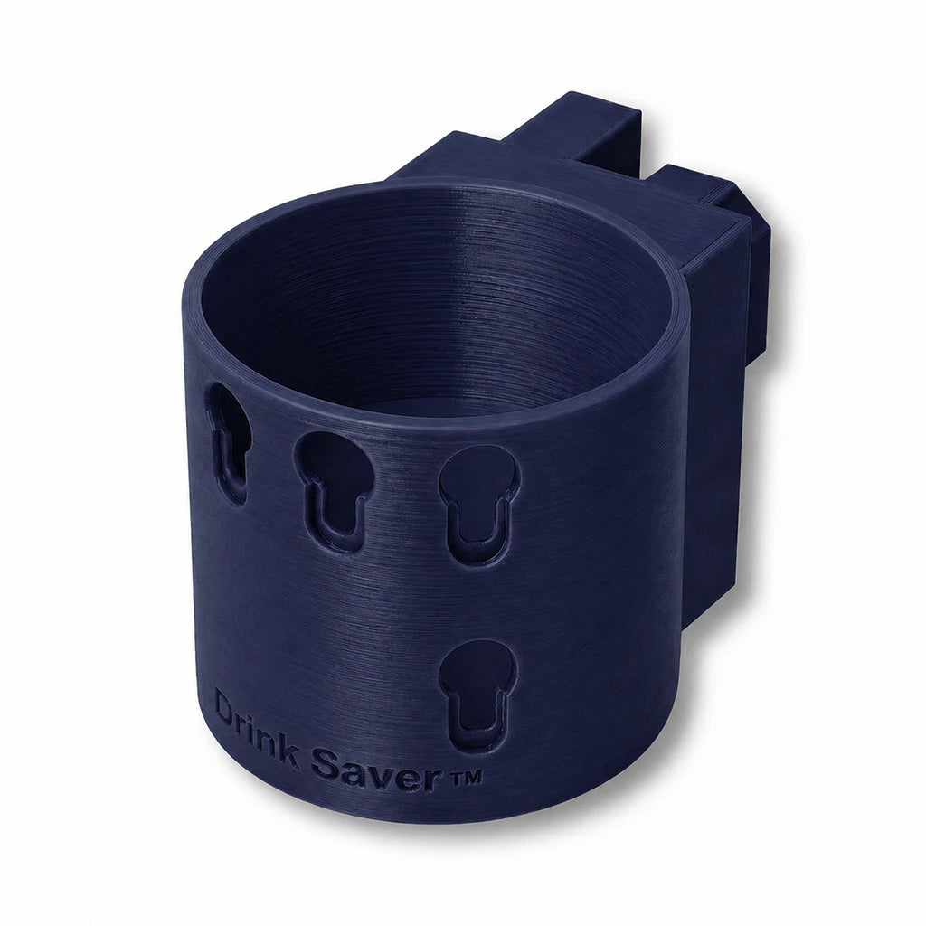Drink Saver™ in dark blue. Patented fence mounted cup holder.