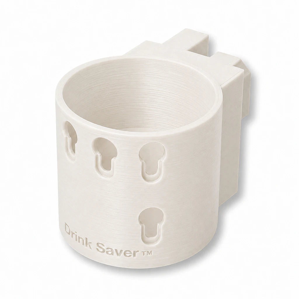 Drink Saver™ in white. Patented fence mounted cup holder.