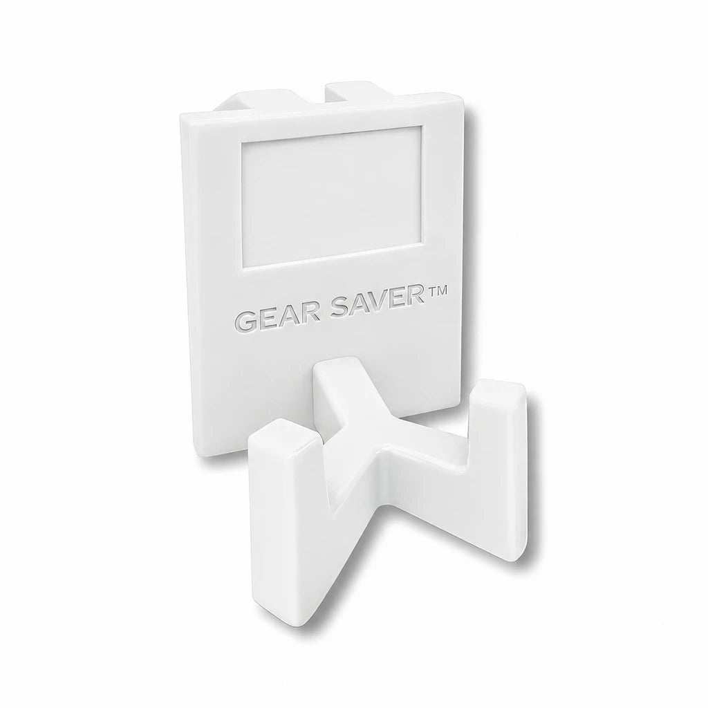 Gear Saver™ in white. Patented fence mounted equipment hanger.