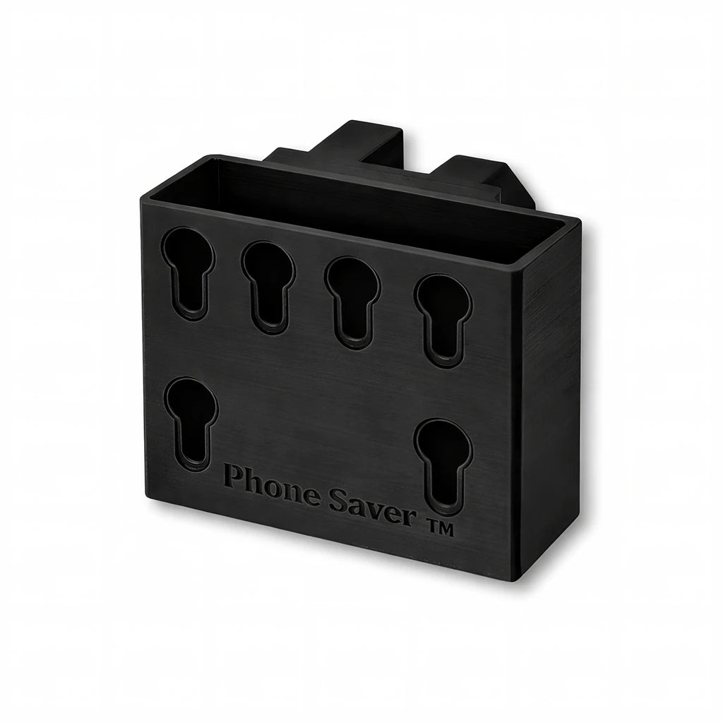 Phone Saver™ in black. Patented fence mounted phone cradle.