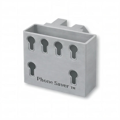 Phone Saver™ in gray. Patented fence mounted phone cradle.