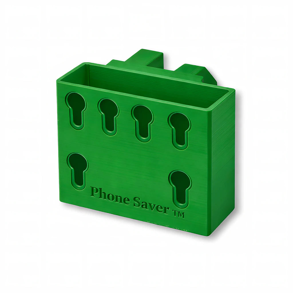 Phone Saver™ in green. Patented fence mounted phone cradle.