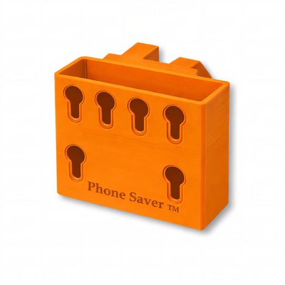 Phone Saver™ in orange. Patented fence mounted phone cradle.