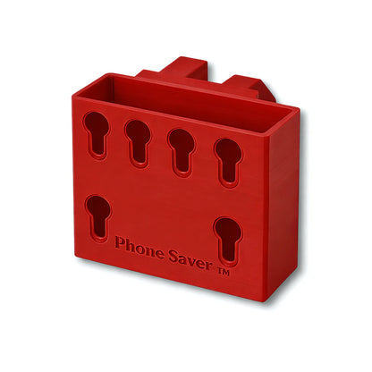 Phone Saver™ in red. Patented fence mounted phone cradle.