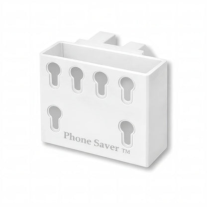 Phone Saver™ in white. Patented fence mounted phone cradle.